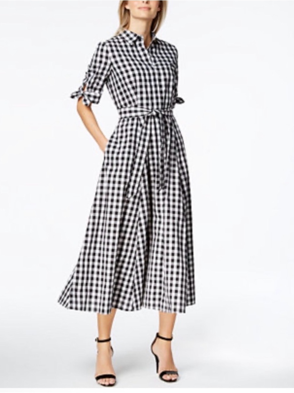 Black & White Gingham Tie-Waist Shirt Dress